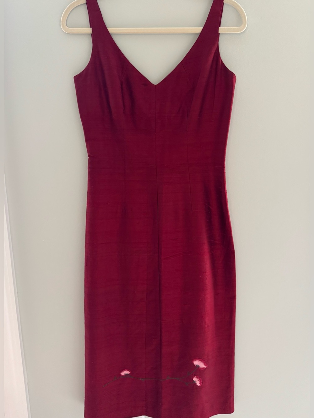 Vintage Arden B Burgundy Dupioni Silk Sheath Dress with Floral Embroidery Size 4